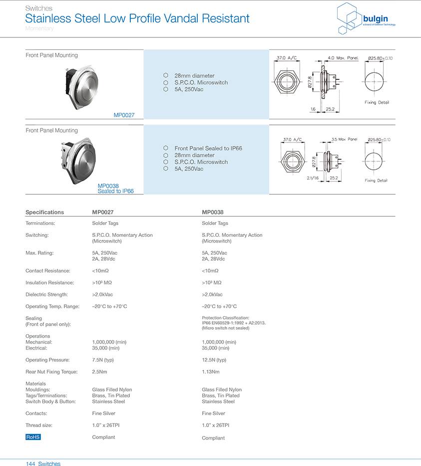 MP0027小尺寸防破坏按钮开关选型