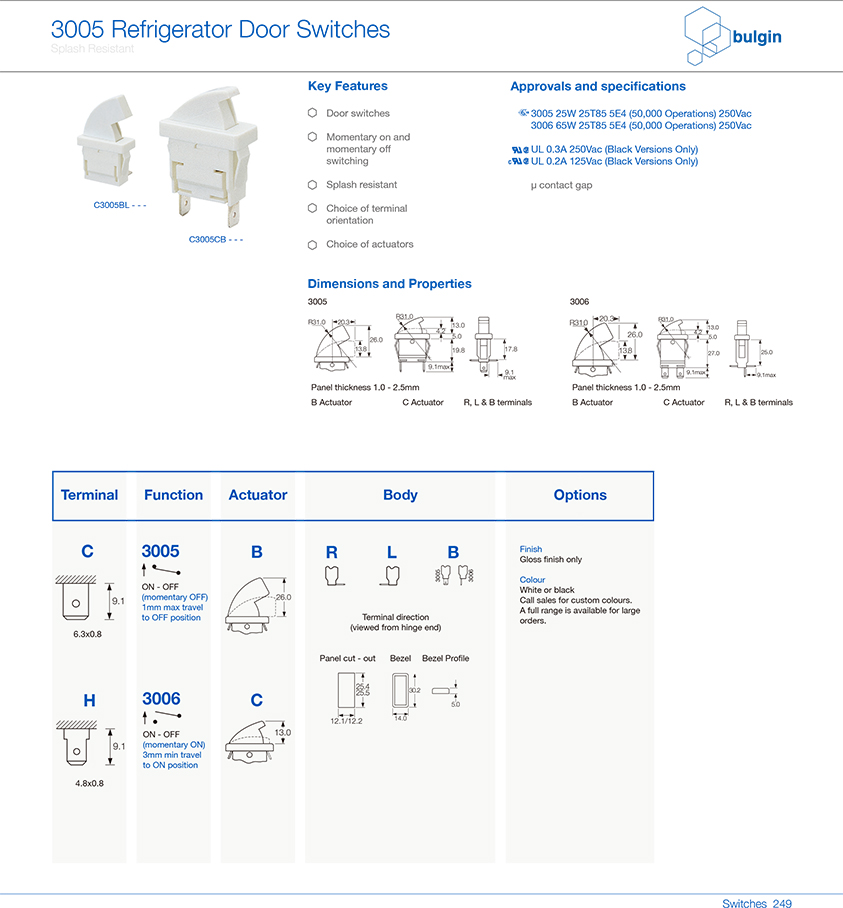 冰箱门开关3005系列选型 冰箱门开关3005系列选型