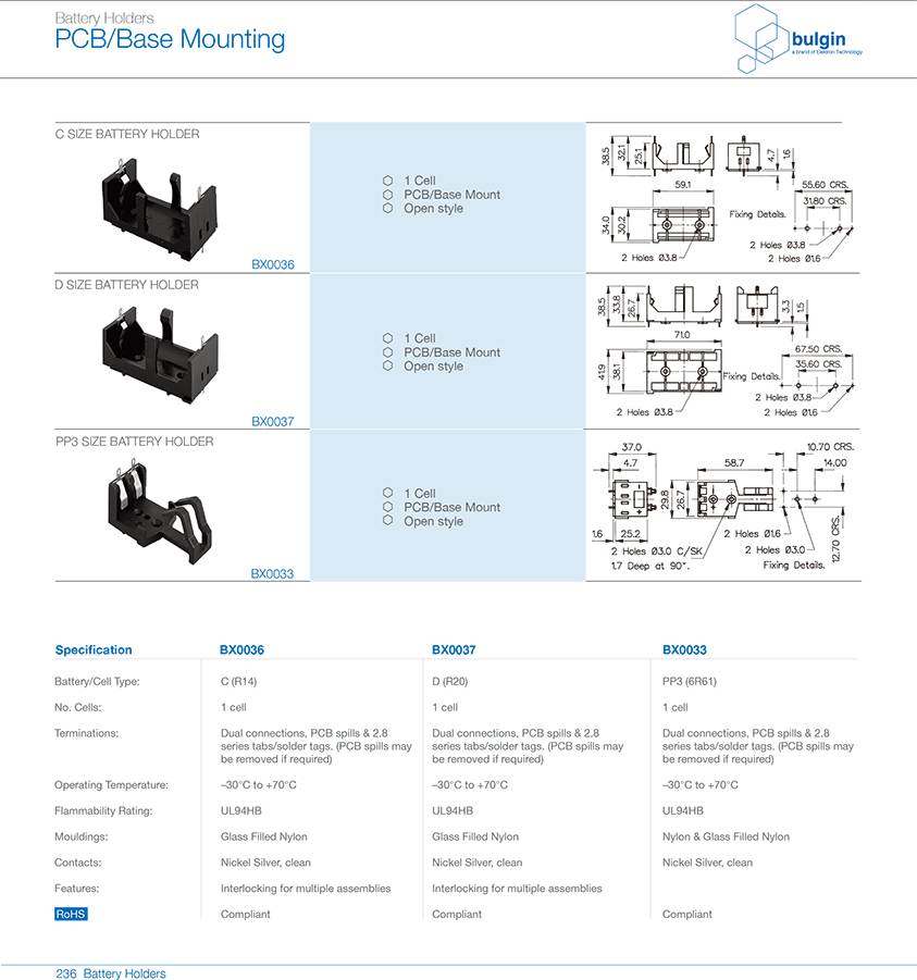 PP36R61 PCB底座安装电池座参数 PP36R61 PCB底座安装电池座参数