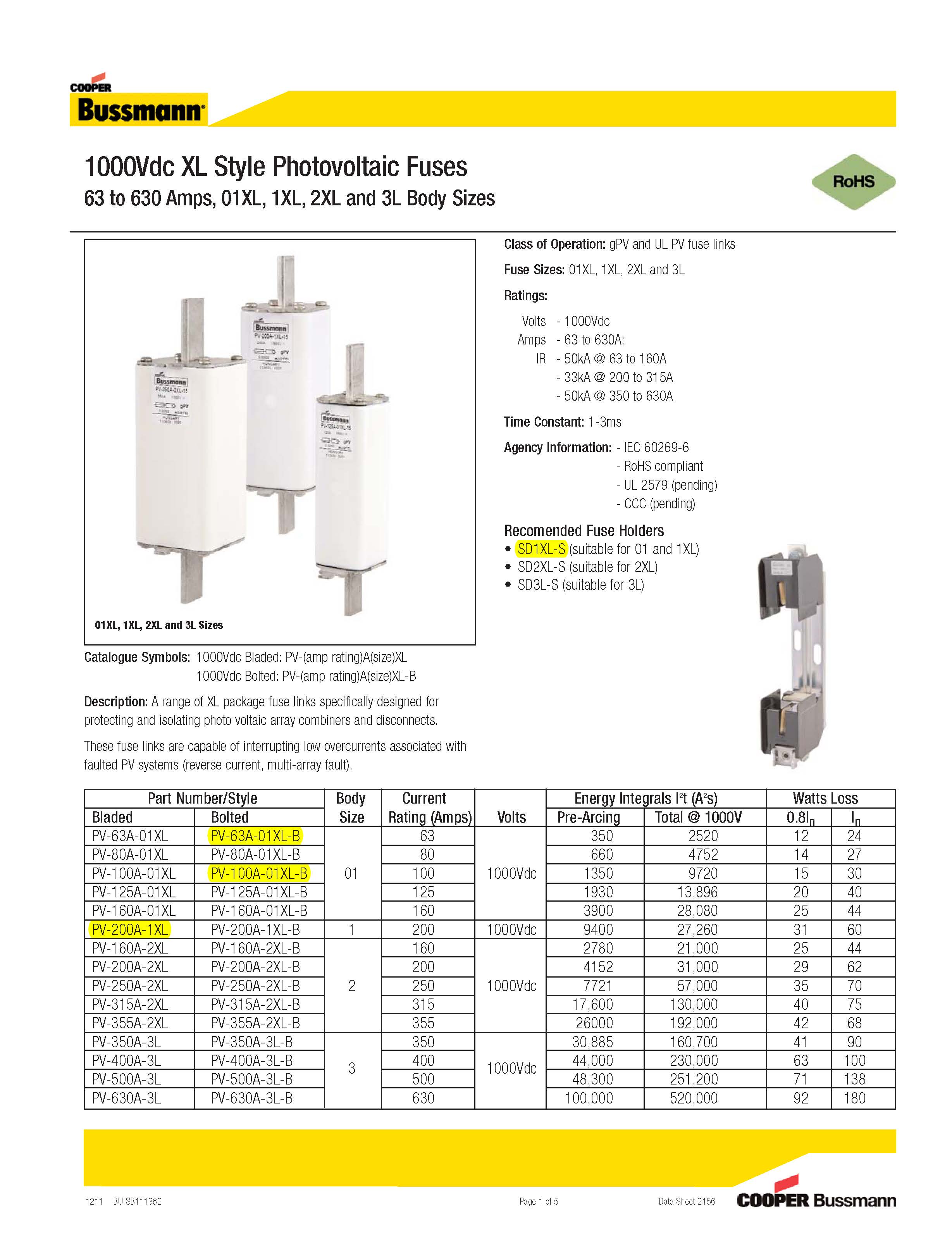 PV光伏熔断器 XL系列 选型参数 PV光伏熔断器 XL系列 选型参数