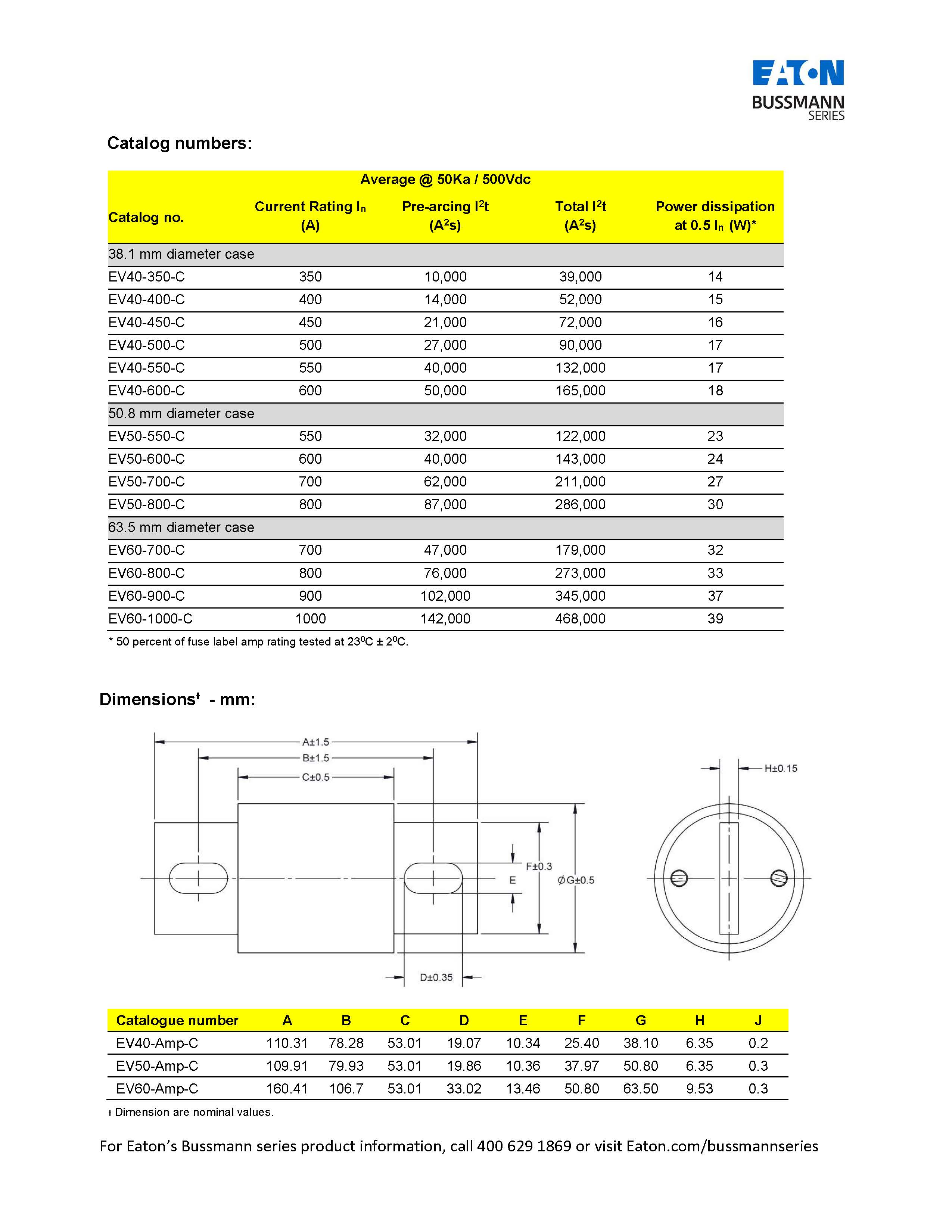 EV50电动汽车专用熔断器 型号 尺寸 EV50电动汽车专用熔断器 型号 尺寸